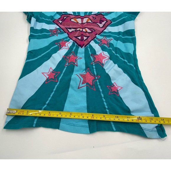 Girls Size 14 Large Teal Supergirl, Dc Comics Tee Shirt Stars Casual School - Picture 7 of 10